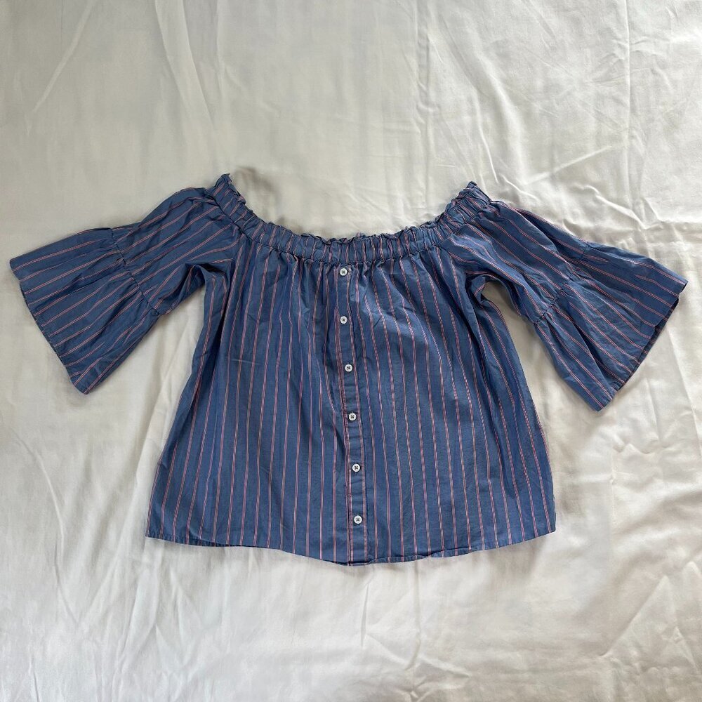 Abercrombie Blue Pink Stripe Off Shoulder Boho Stripe 1/2 Sleeve Shirt | Size s